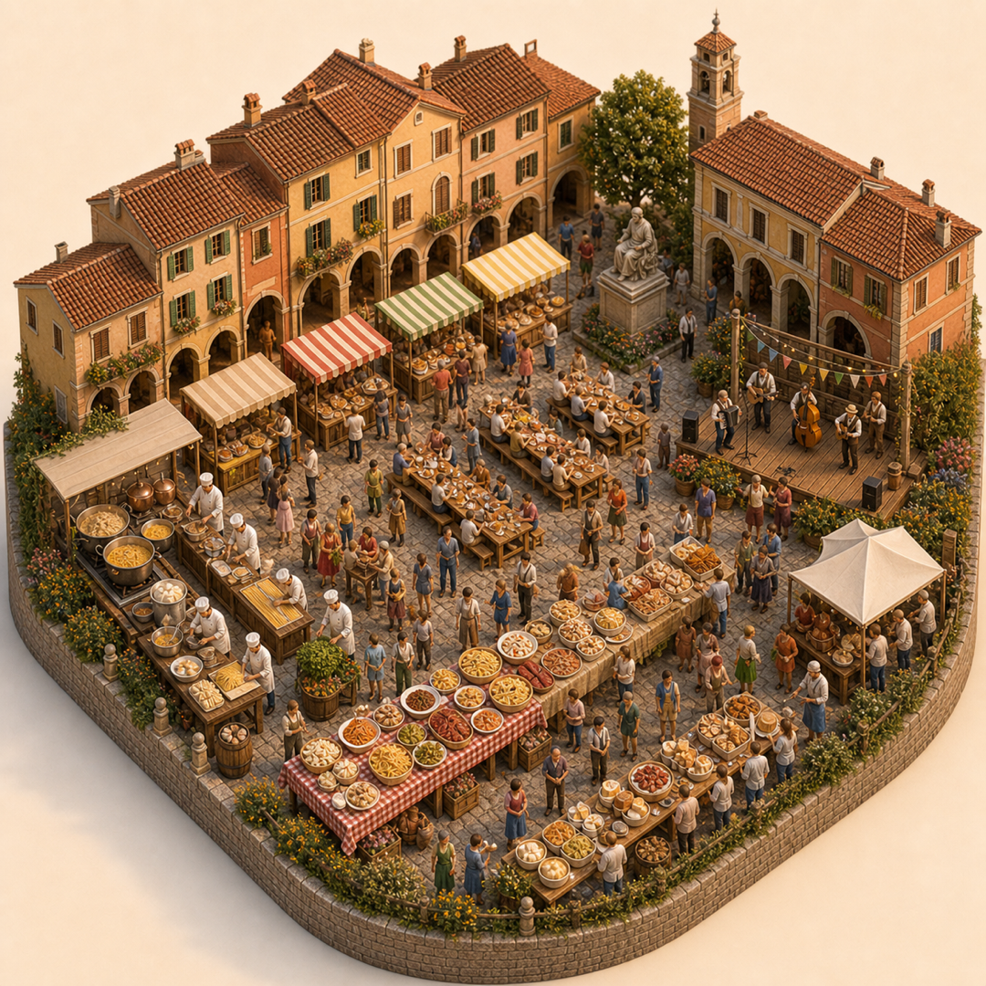 Festa Artusiana immersive miniature model visual journey with Food market stalls, Market lane, Local food stalls, Regional specialties table, Street music corner
