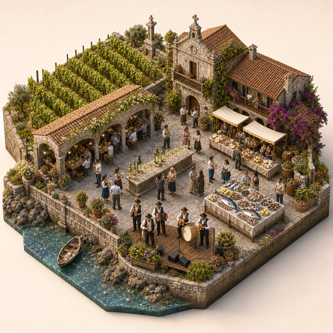Festa do Albariño cultural illustration immersive miniature model with Wine tasting court, Regional food market, Albariño glass row, Seafood table, Folk band platform