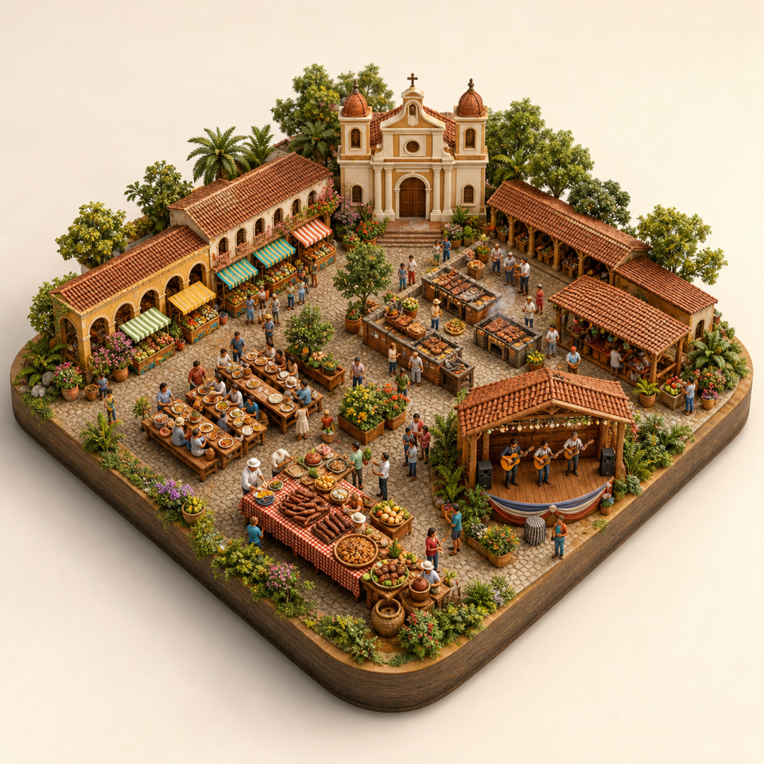 Festival Internacional del Batiburrillo, Siriki, y Chorizo Sanjuanino immersive miniature model with Market arcade, Tasting table, Misiones grill court, Chorizo Sanjuanino table, Folk guitar stage