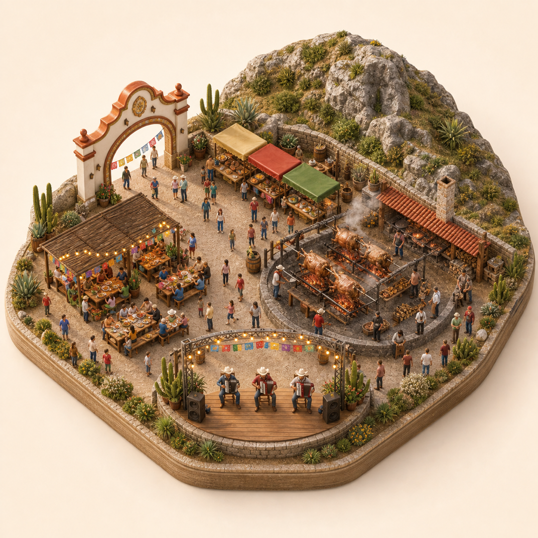 Festival del Cabrito immersive miniature model with Mexican market arcade, Festival food court, Cabrito grill, Northern hills edge, Accordion stage
