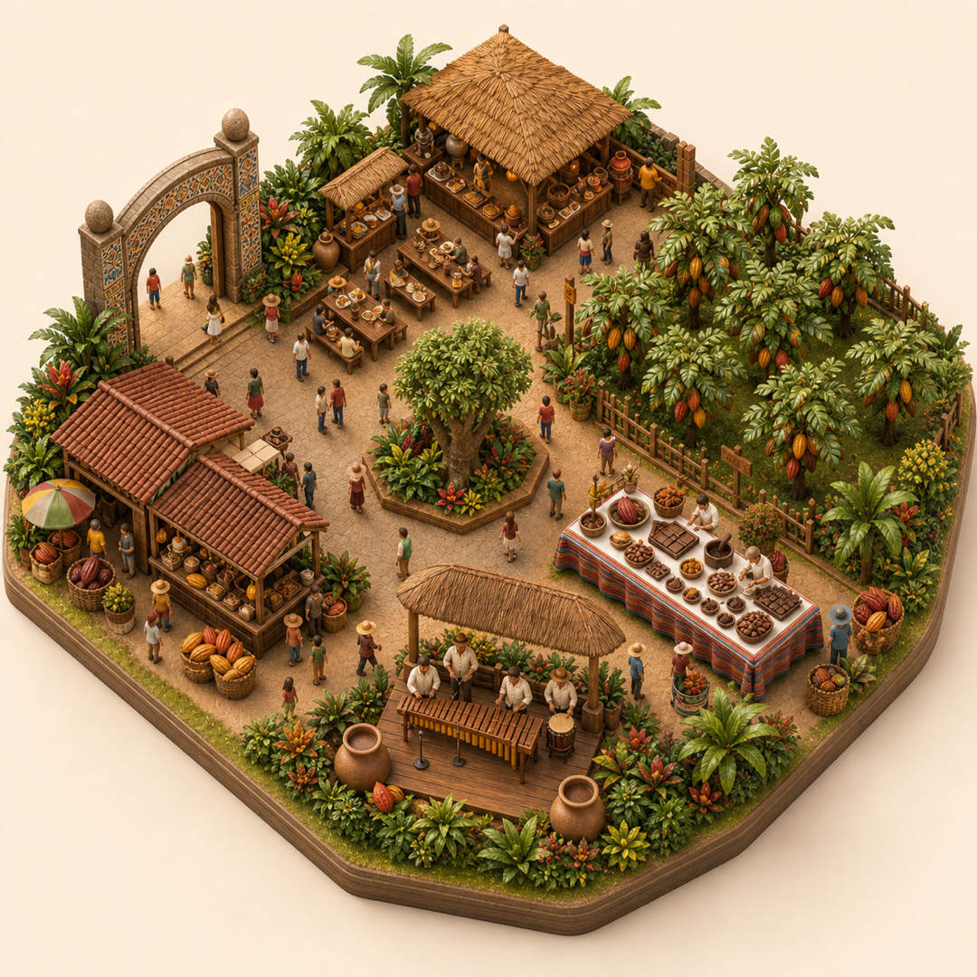 Festival del Chocolate immersive miniature model with Mexican market arch, Festival tasting court, Cacao pod grove, Chocolate table, Marimba corner