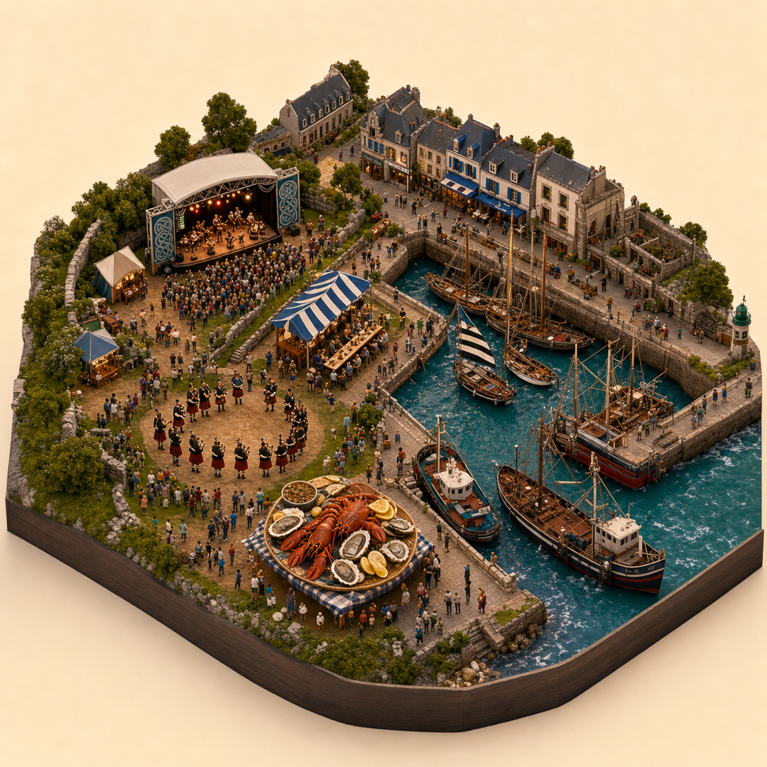 Festival Interceltique de Lorient immersive miniature model with Celtic stage, language contest table, harbor boats, seafood platter, and bagpipe circle