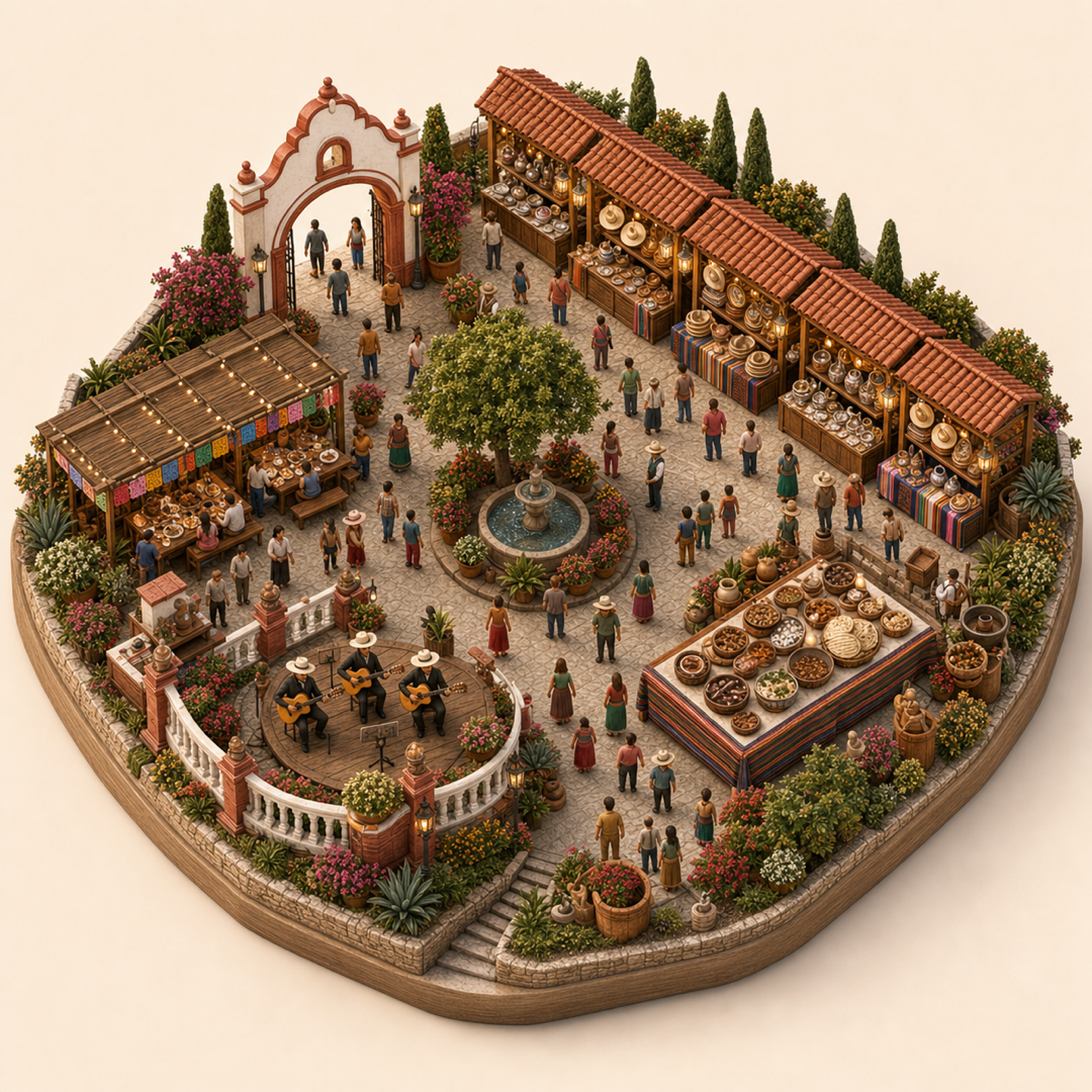 Festival Ricardo Castro immersive miniature model with Mexican market arch, Festival food court, Durango stall row, Regional dish table, Guitar courtyard