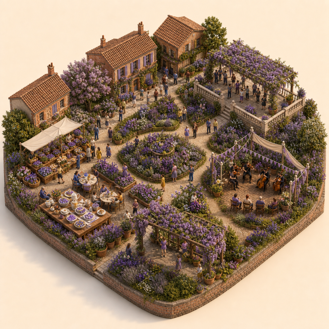 Fête de la Violette immersive miniature model visual journey with Flower beds, Spring garden path, Flower viewing terrace, Herbal tea table, Garden concerts corner