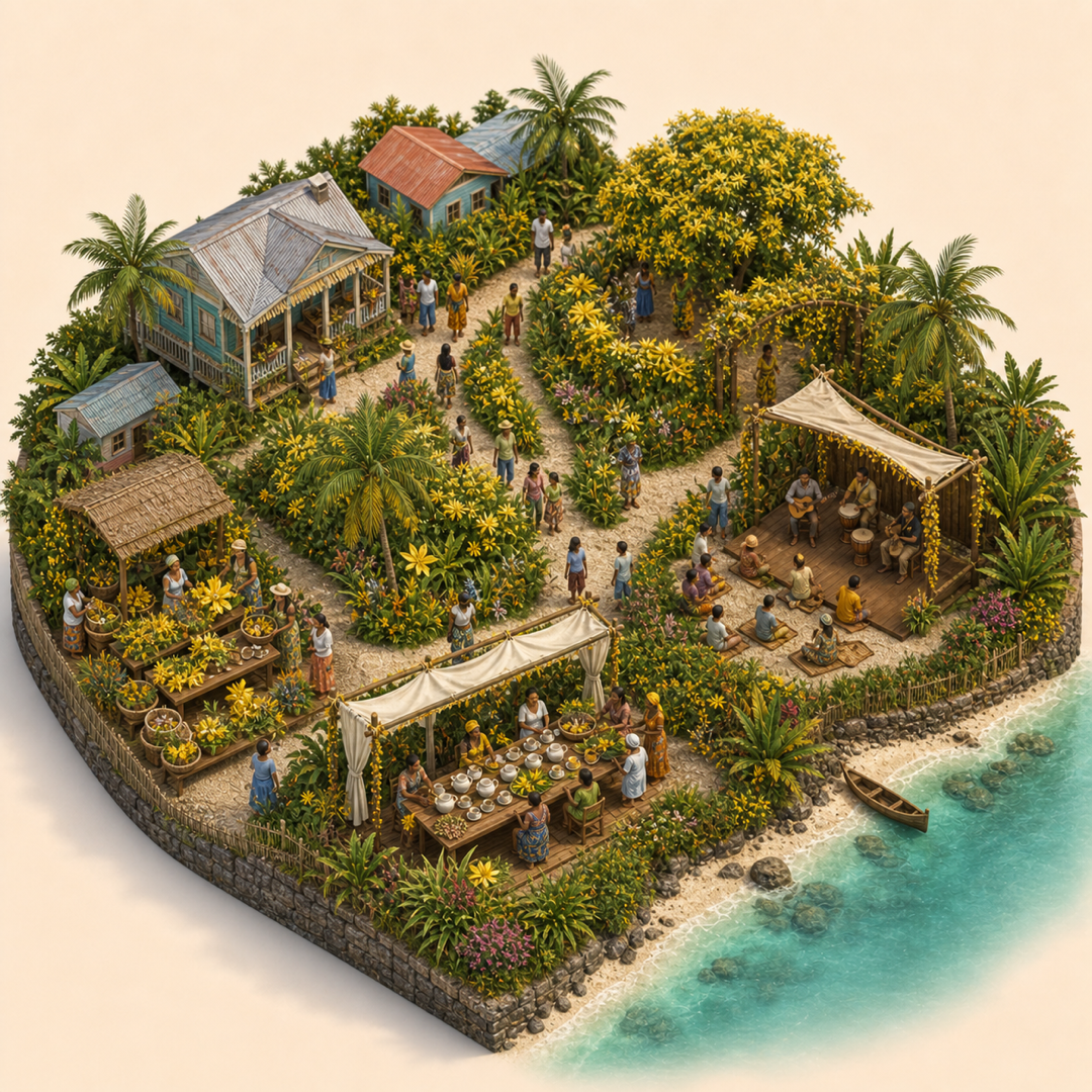 Fête de l'Ylang-Ylang immersive miniature model visual journey with Flower beds, Spring garden path, Flower viewing terrace, Herbal tea table, Garden concerts corner