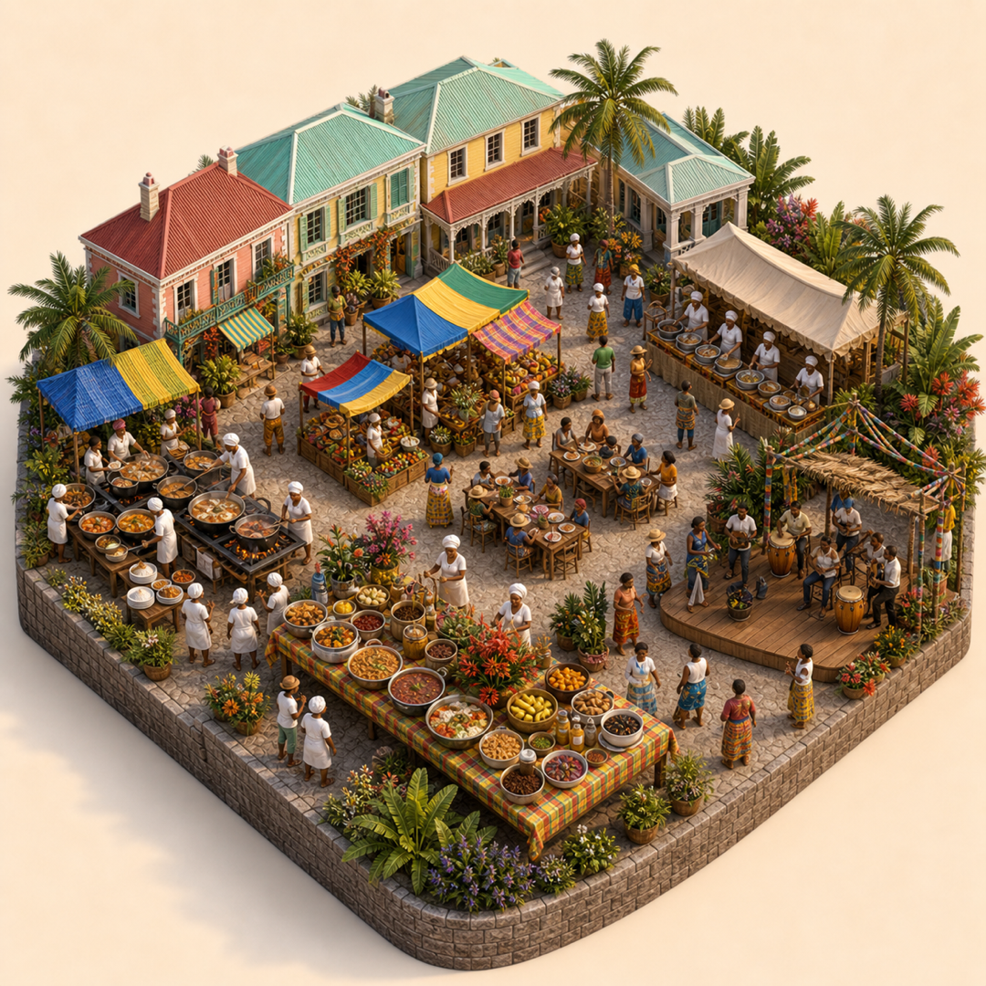 Fête des Cuisinières immersive miniature model visual journey with Food market stalls, Market lane, Local food stalls, Regional specialties table, Street music corner