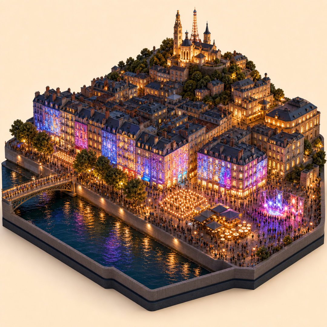 Fete des Lumieres immersive miniature model with riverside projections, candle lights, night walk, hot sweets, and live performance corner