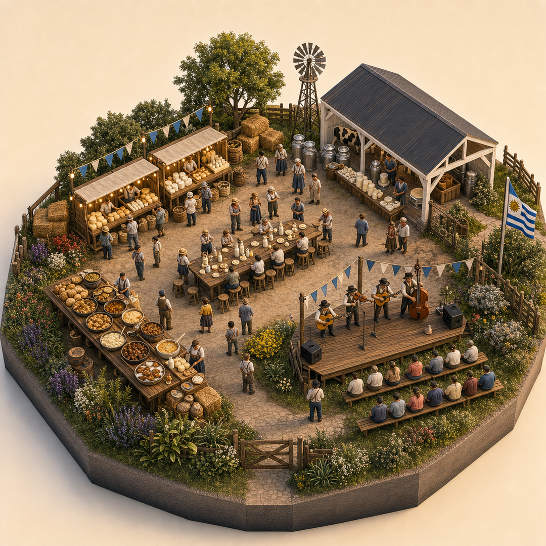 Fiesta Nacional de la Leche immersive miniature model with Food market lane, Tasting table, Dairy pavilion, Regional dishes table, Folk performance platform