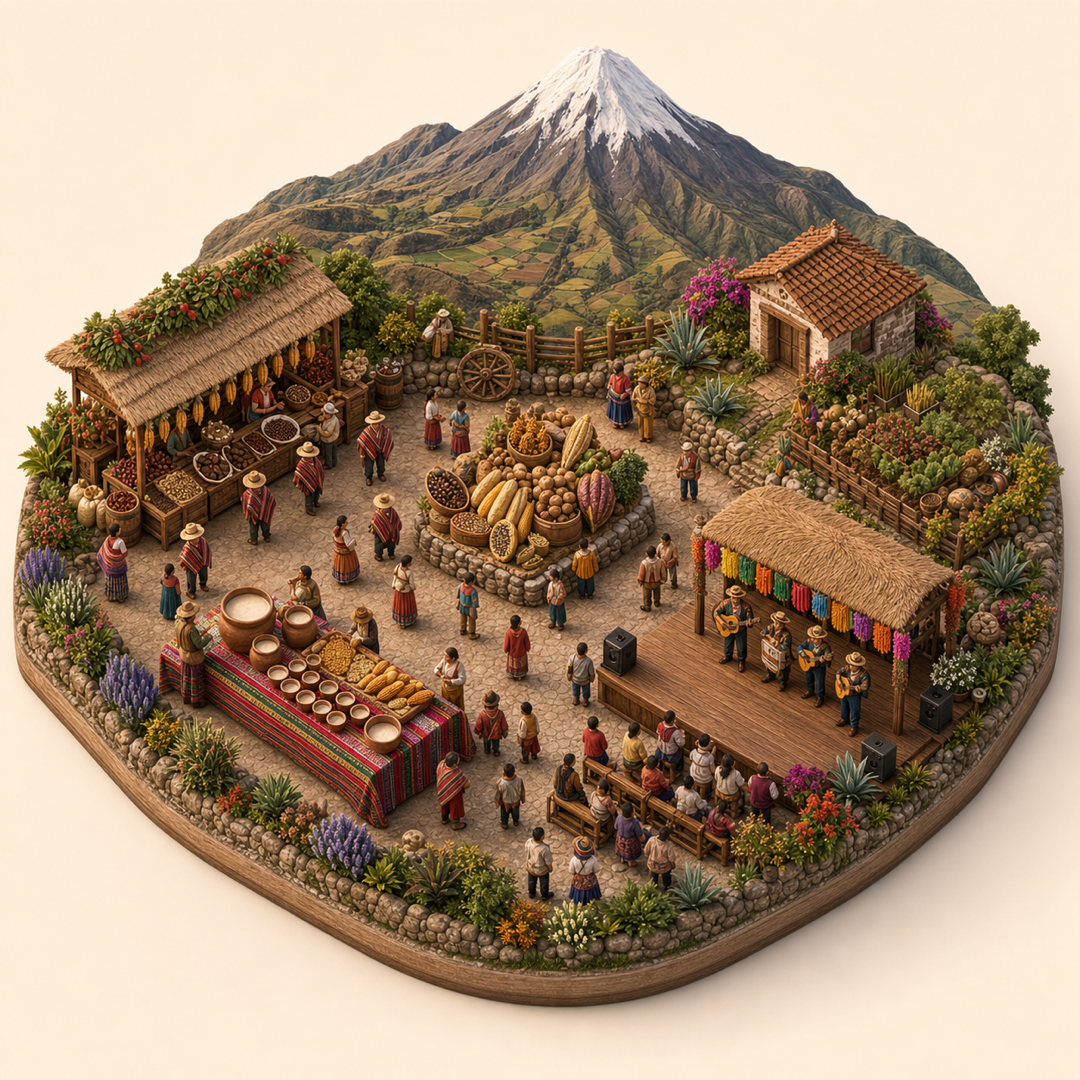 Fiesta del Yamor immersive miniature model with Coffee and cacao stand, Harvest showcase, Imbabura mountain, Yamor drink table, Highland song stage