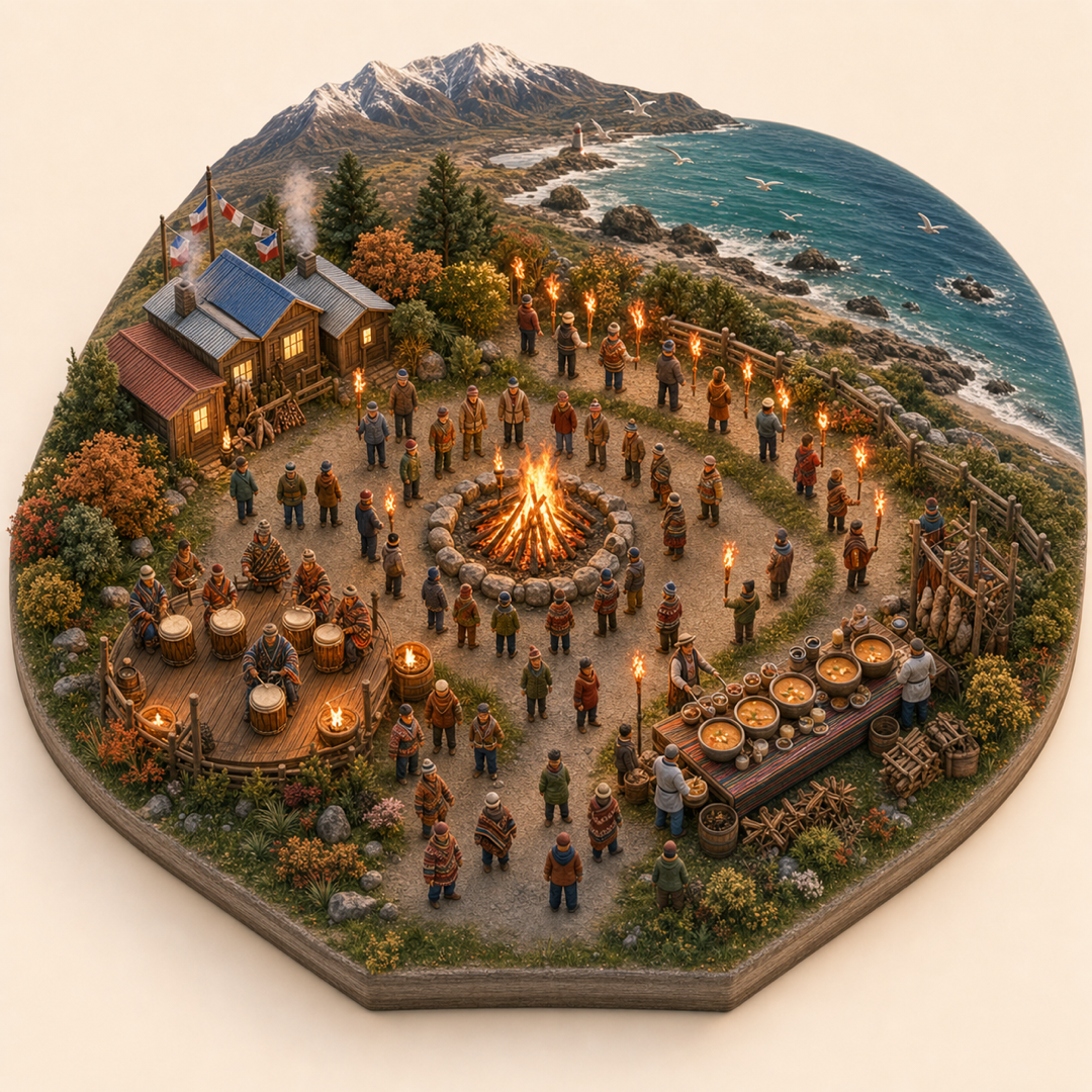 Fire Festival in Tierra del Fuego immersive miniature model with Bonfire rite ring, Torch procession, Southern coastline, Hot soup table, Fireside drum platform