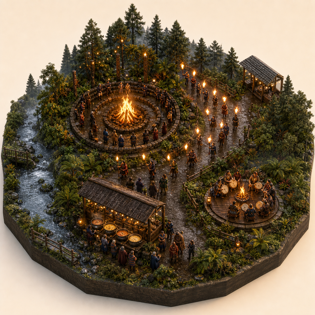 Fire Festival in Los Ríos immersive miniature model with Bonfire rite ring, Torch procession, Los Rios riverside edge, Hot soup table, Fireside drum platform