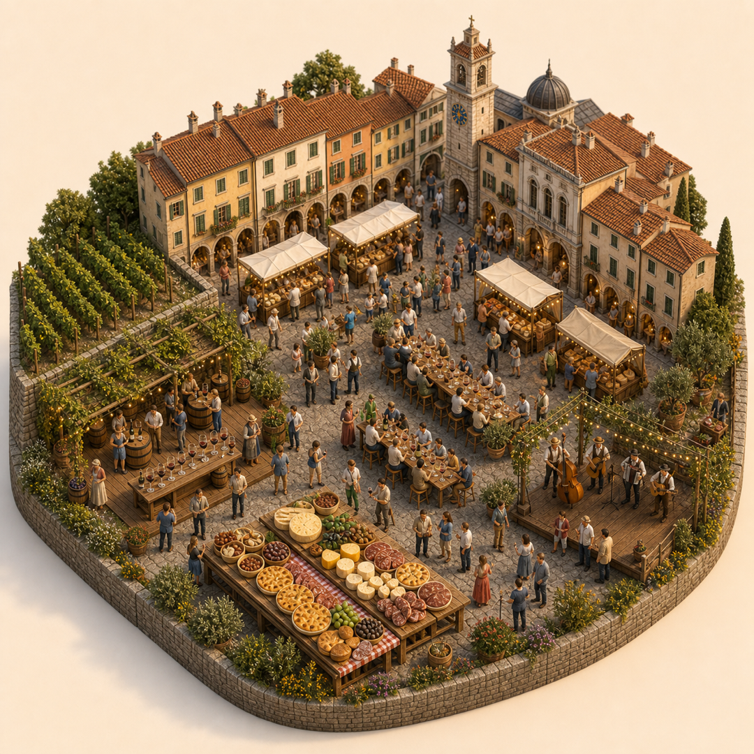 Friuli DOC immersive miniature model visual journey with Wine tasting, Food fair market, Vineyard tasting table, Regional wine table, Folk band platform