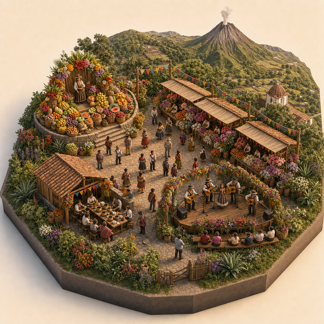 Fiesta de la Fruta y de las Flores immersive miniature model with Harvest showcase, Flower market lane, Tungurahua volcano edge, Coffee tasting table, Highland song stage