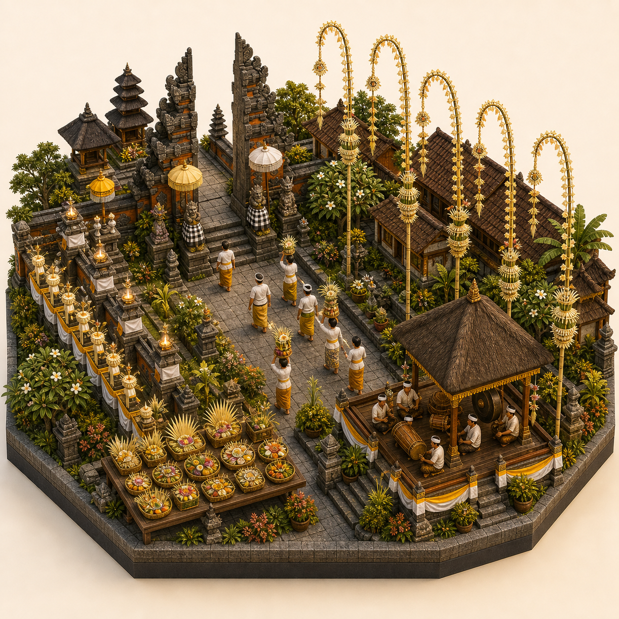 Galungan and Kuningan miniature festival model with Temple split gate, Lamp and garland row, Penjor bamboo lane, Offering baskets, Temple drum platform