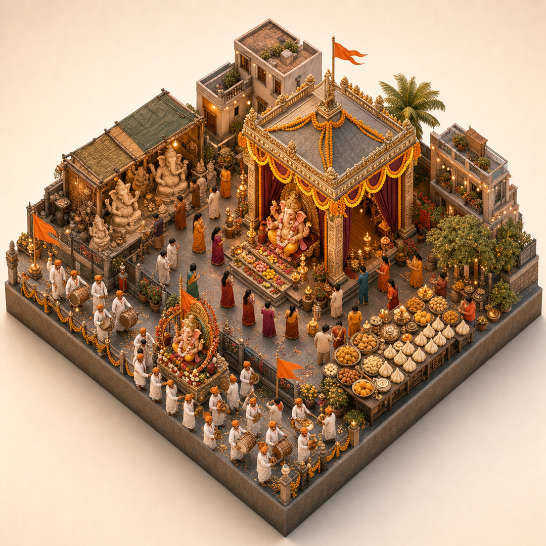 Maharashtra Ganesh Chaturthi isometric miniature model with procession, sweets, idol workshop, modak table, and city mandal route