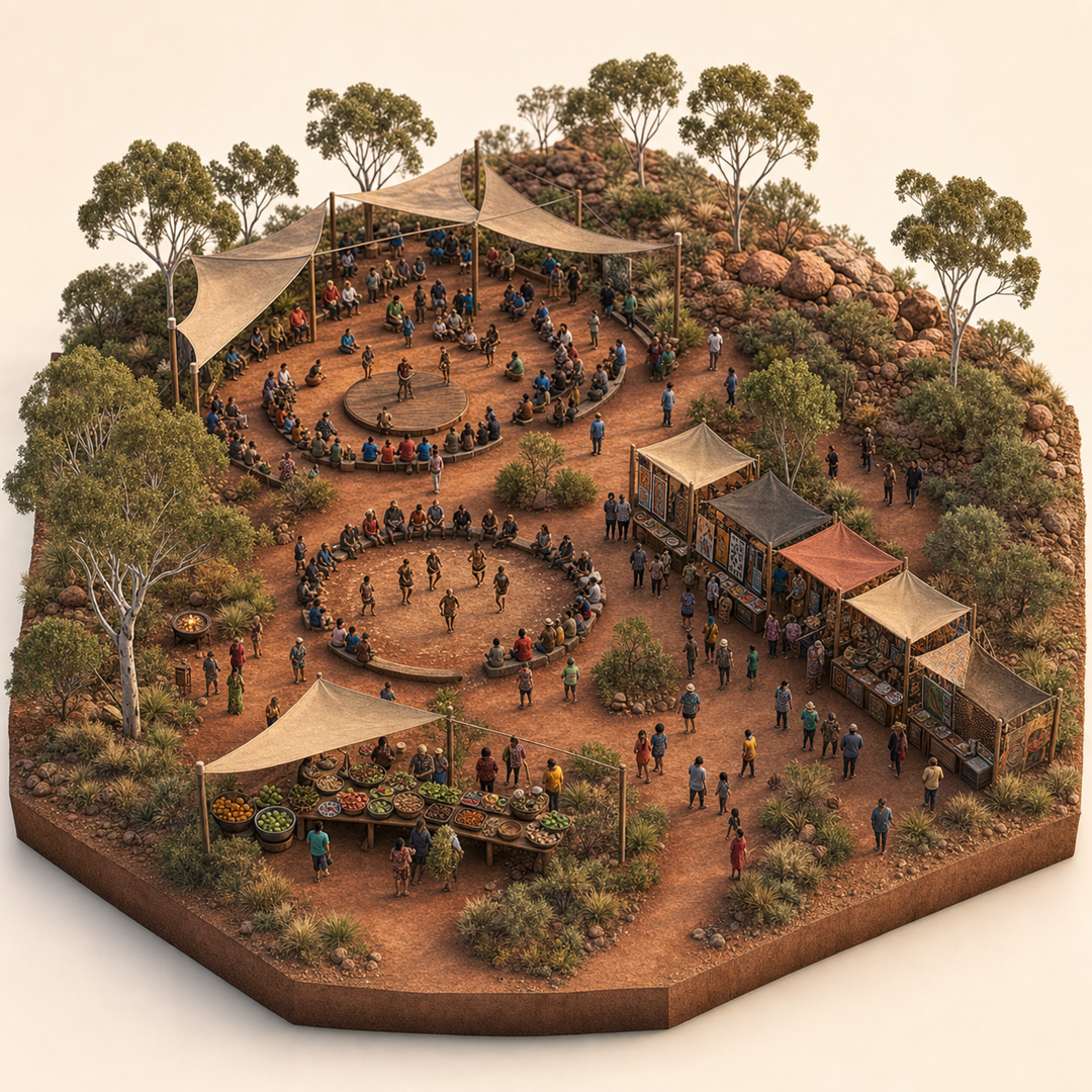 Northern Territory Garma Festival cultural illustration immersive miniature model with Welcome to Country ground, Song and dance circle, Art market aisle, Bush foods table, Dry-season landscape edge