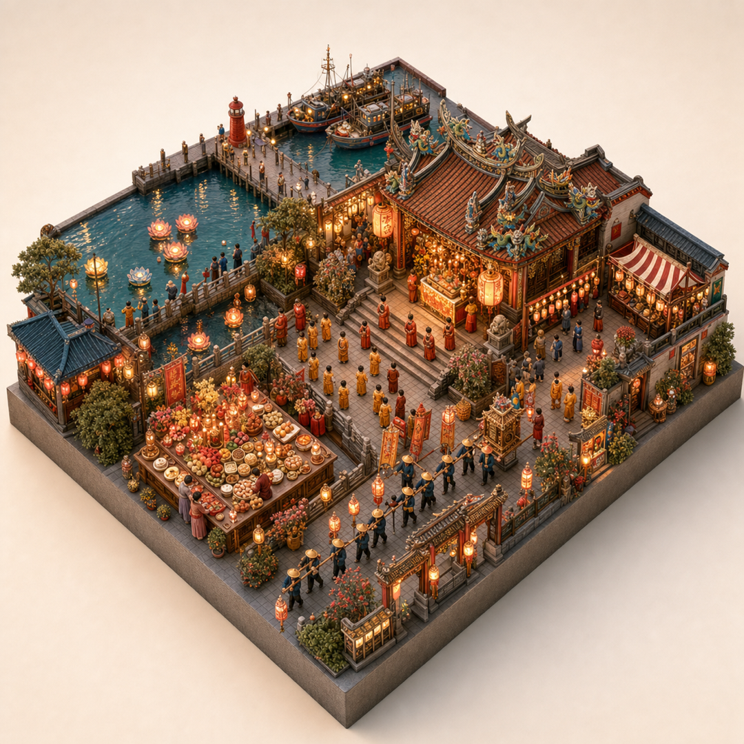 Taiwan Zhongyuan Pudu isometric miniature model with offerings, water lights, lantern route, temple altar, and harbor procession