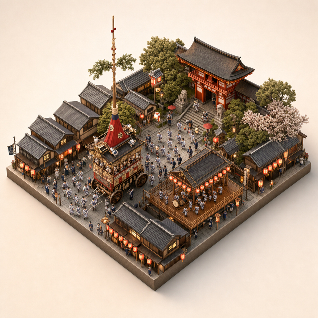 Kyoto Gion Matsuri isometric miniature model with procession, lantern street, Yamahoko float, Yasaka Shrine gate, and hayashi platform