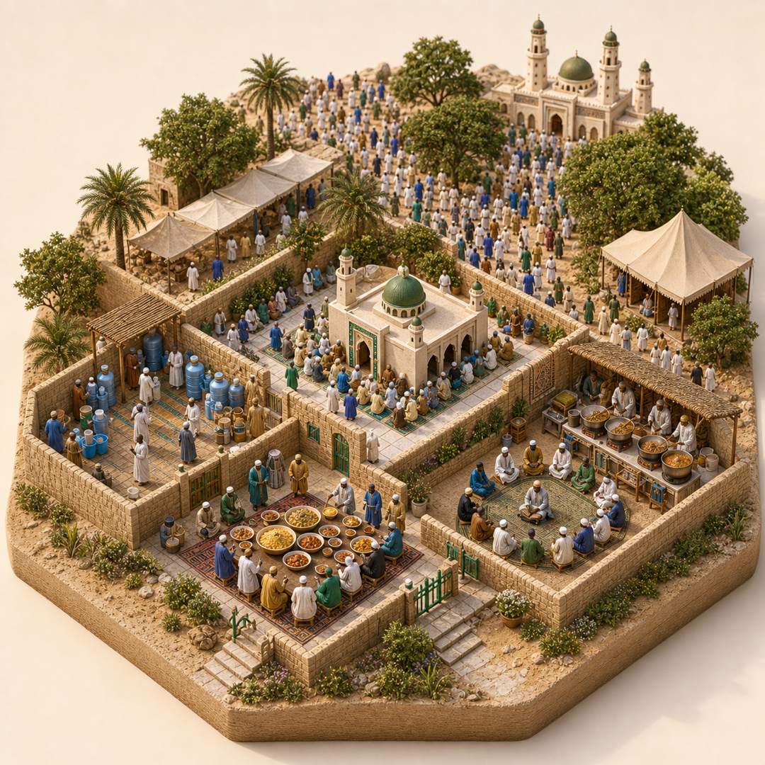 Dakar Grand Magal of Touba immersive miniature model with Touba pilgrimage route, Mosque gathering court, Hospitality station, Rice and stew table, Devotional recitation circle