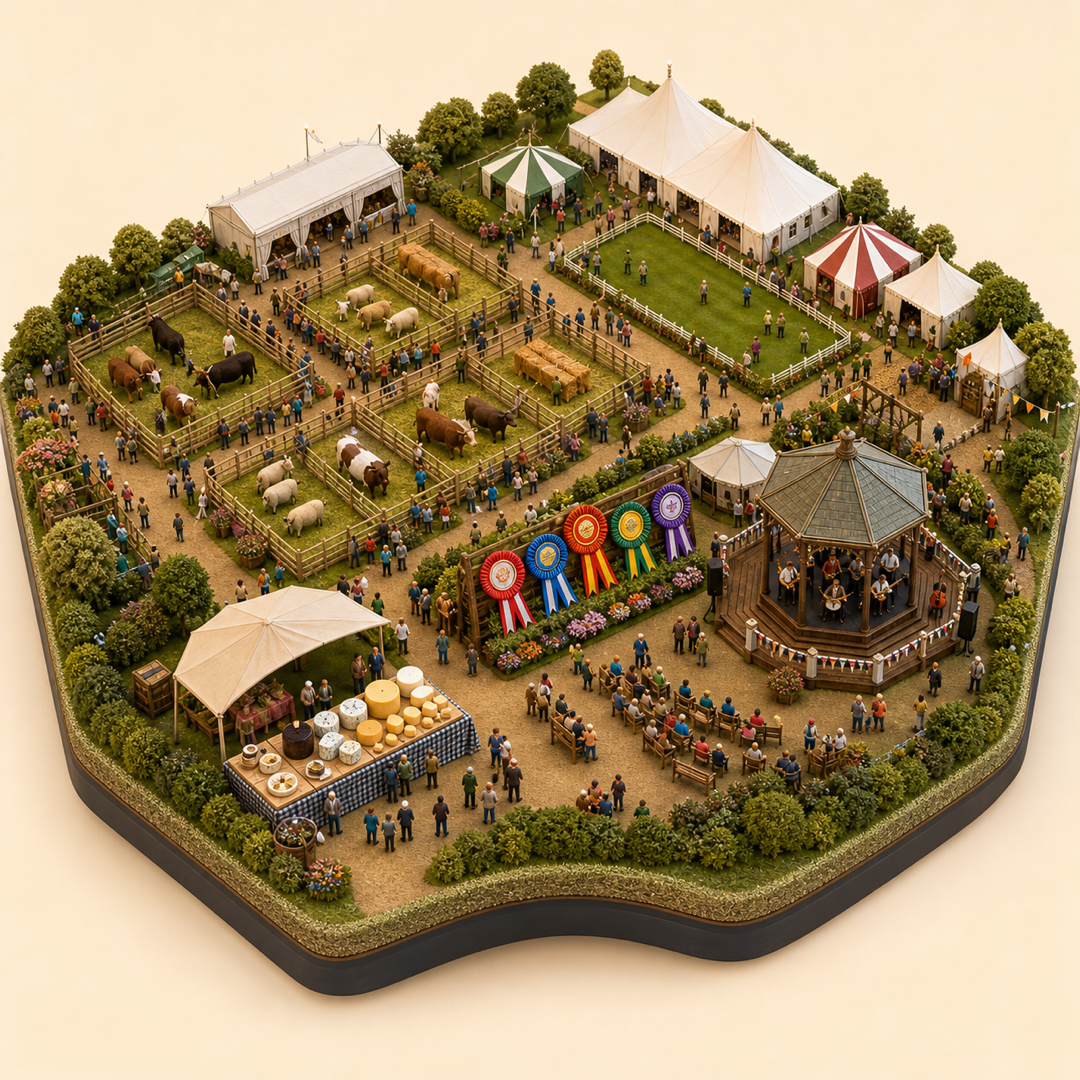 Great Yorkshire Show immersive miniature model with livestock pens, prize rosettes, show tents, regional cheese, and country band platform