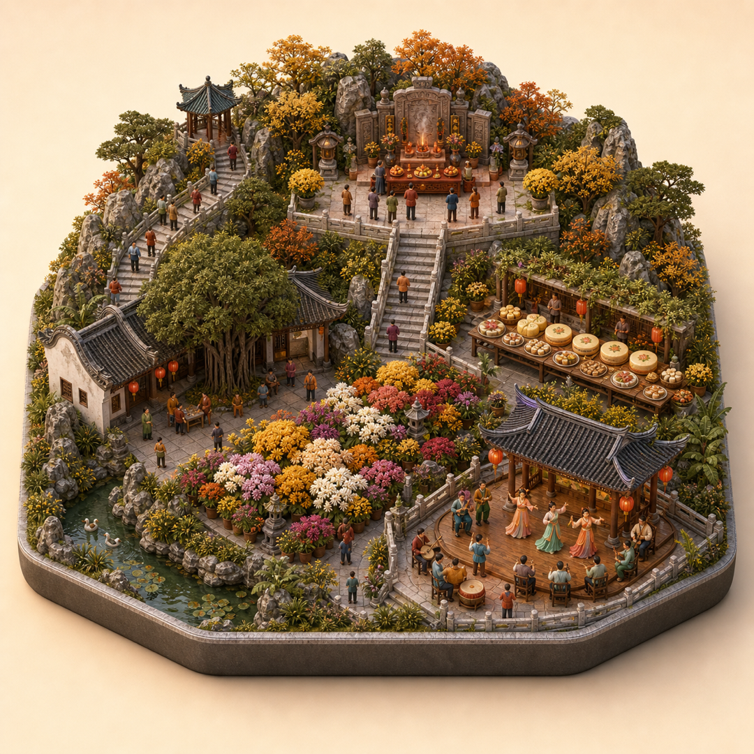 Guangdong Double Ninth Baishan immersive miniature model with climbing cue, chrysanthemum cue, mountain worship terrace, Double Ninth cake table, and local music corner