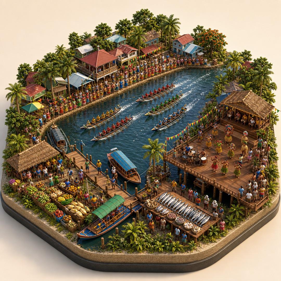 Barima-Waini River and Regatta Festival immersive miniature model with Regatta course, Waterfront procession, Barima river-mouth dock, River fish table, Dock dance platform