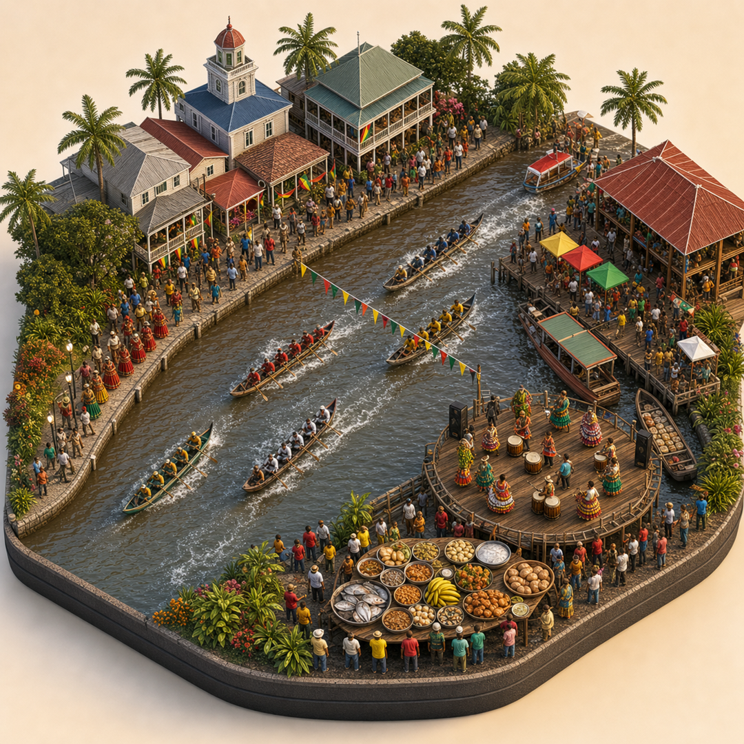 East Berbice-Corentyne River and Regatta Festival immersive miniature model with Regatta course, Waterfront procession, Corentyne riverside dock, River fish table, Dock dance platform