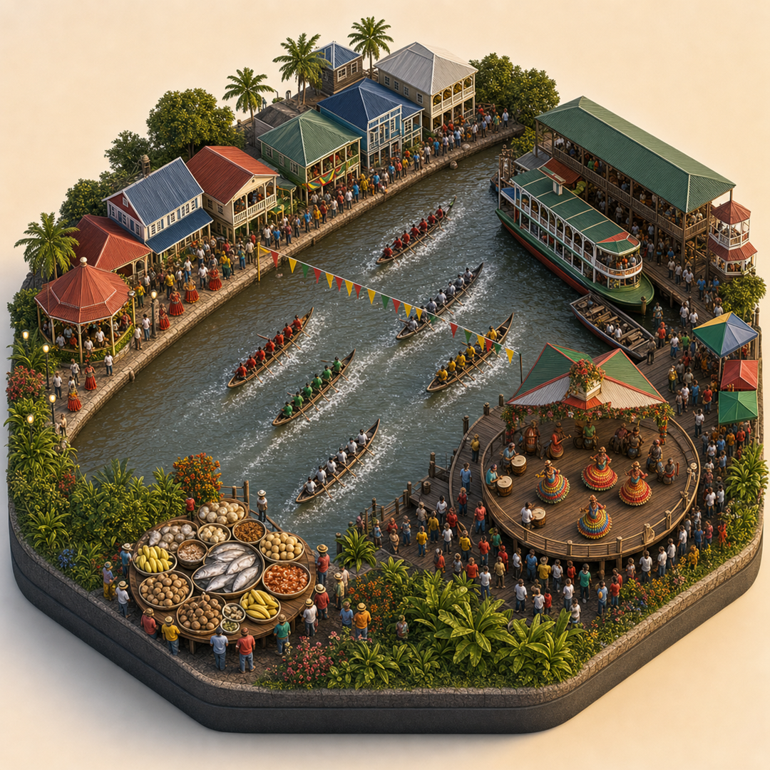 Essequibo Islands-West Demerara River and Regatta Festival immersive miniature model with Regatta course, Waterfront procession, Essequibo ferry dock, River fish table, Dock dance platform