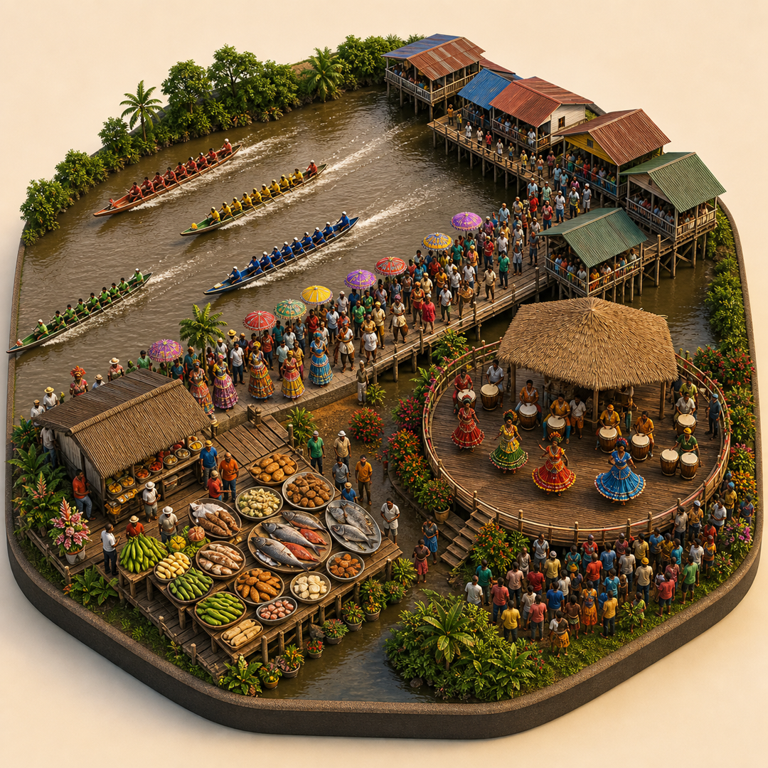 Pomeroon-Supenaam River and Regatta Festival immersive miniature model with Regatta course, Waterfront procession, Pomeroon stilt dock, River fish table, Dock dance platform