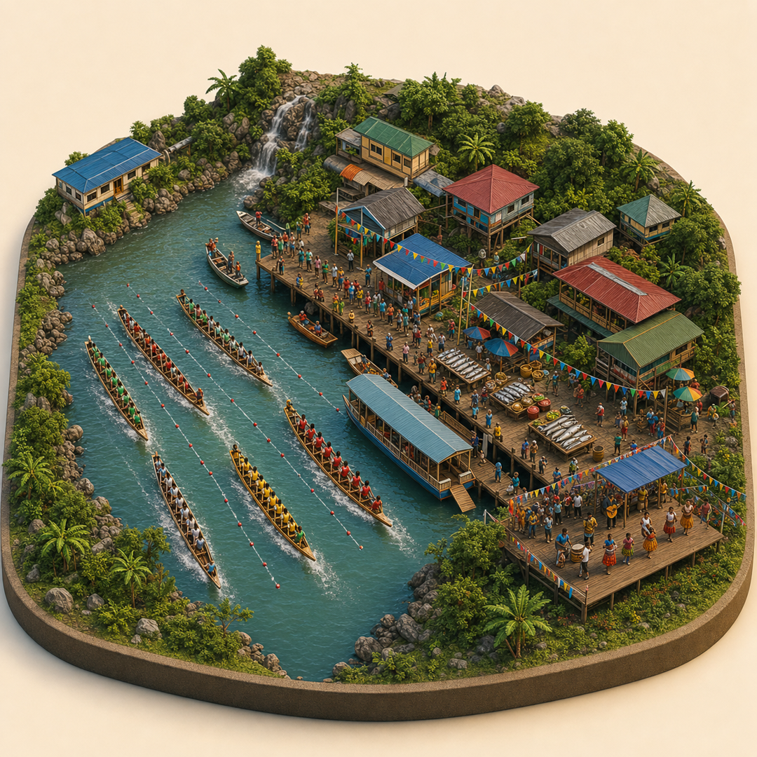 Potaro-Siparuni River and Regatta Festival immersive miniature model with Regatta course, Waterfront procession, Potaro river landing, River fish table, Dock dance platform