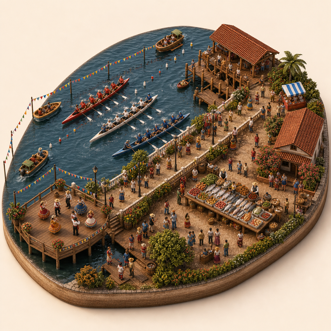 Itapua River and Regatta Festival immersive miniature model with Regatta course, Waterfront procession, Itapua dock, River fish table, Dock dance platform