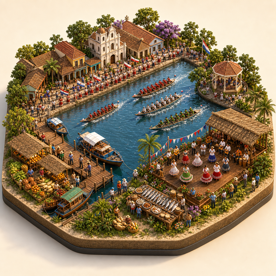 Ñeembucú River and Regatta Festival immersive miniature model with Regatta course, Waterfront procession, Nembucu river-port dock, River fish table, Dock dance platform