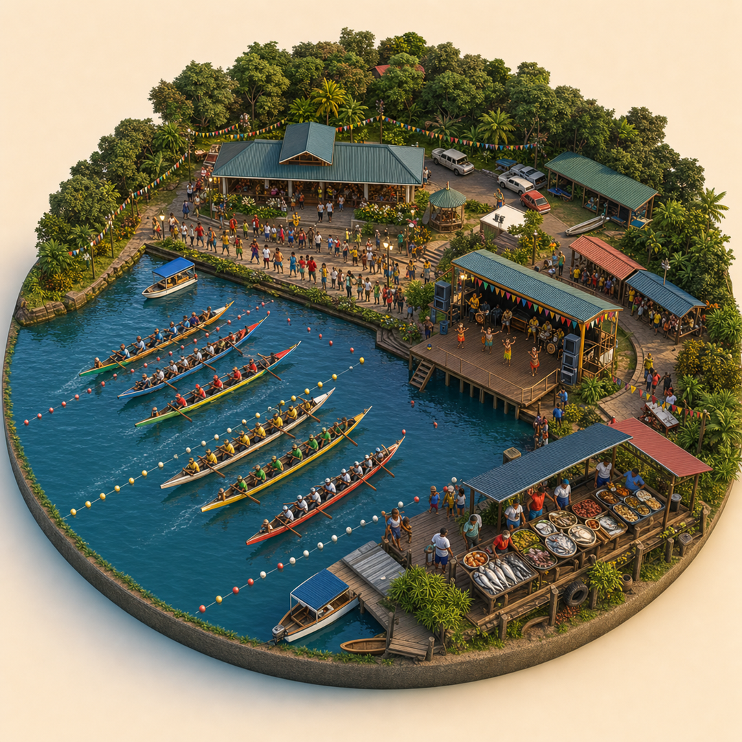 Brokopondo River and Regatta Festival immersive miniature model with Regatta course, Waterfront procession, Brokopondo lake dock, River fish table, Dock dance platform
