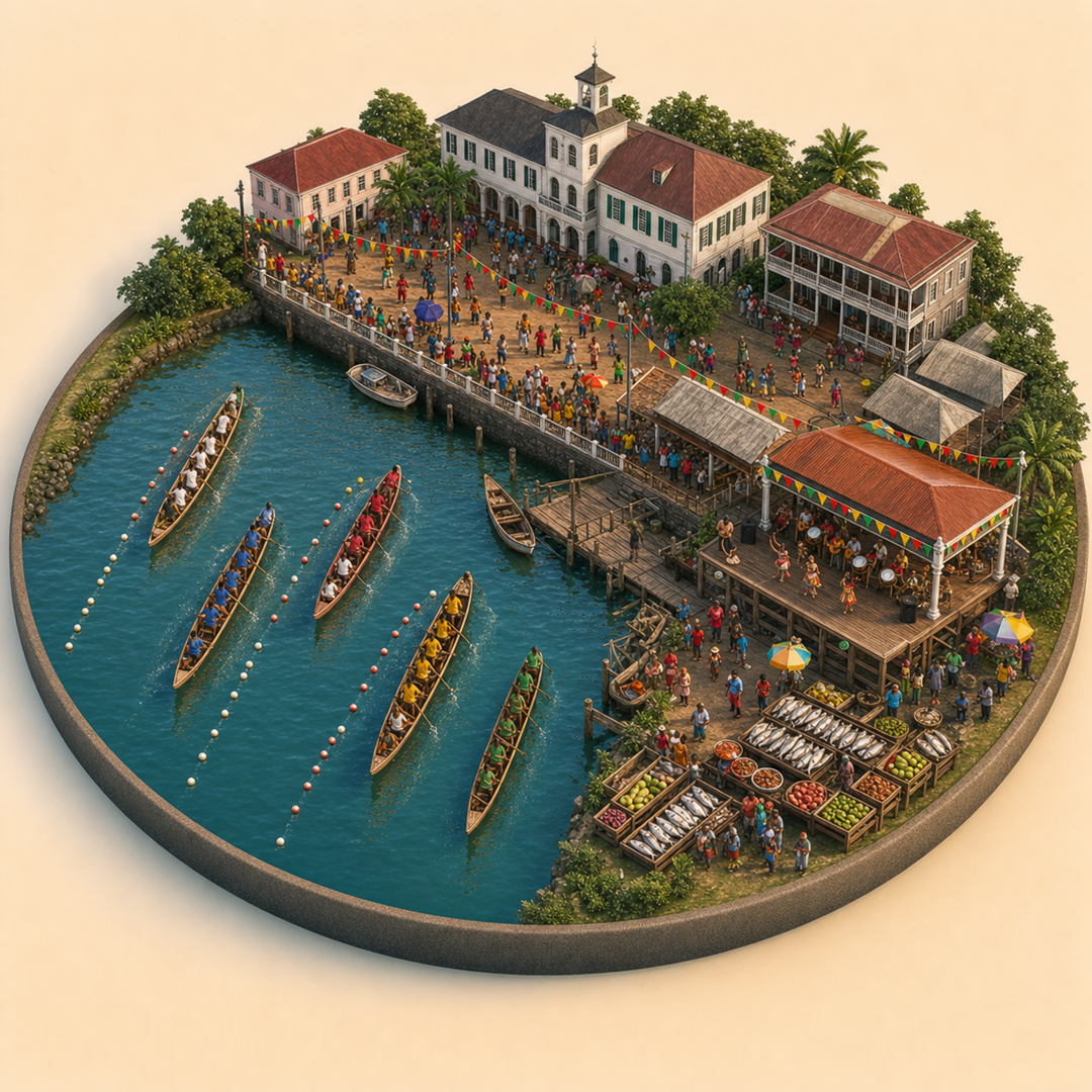 Commewijne River and Regatta Festival immersive miniature model with Regatta course, Waterfront procession, Commewijne colonial quay, River fish table, Dock dance platform