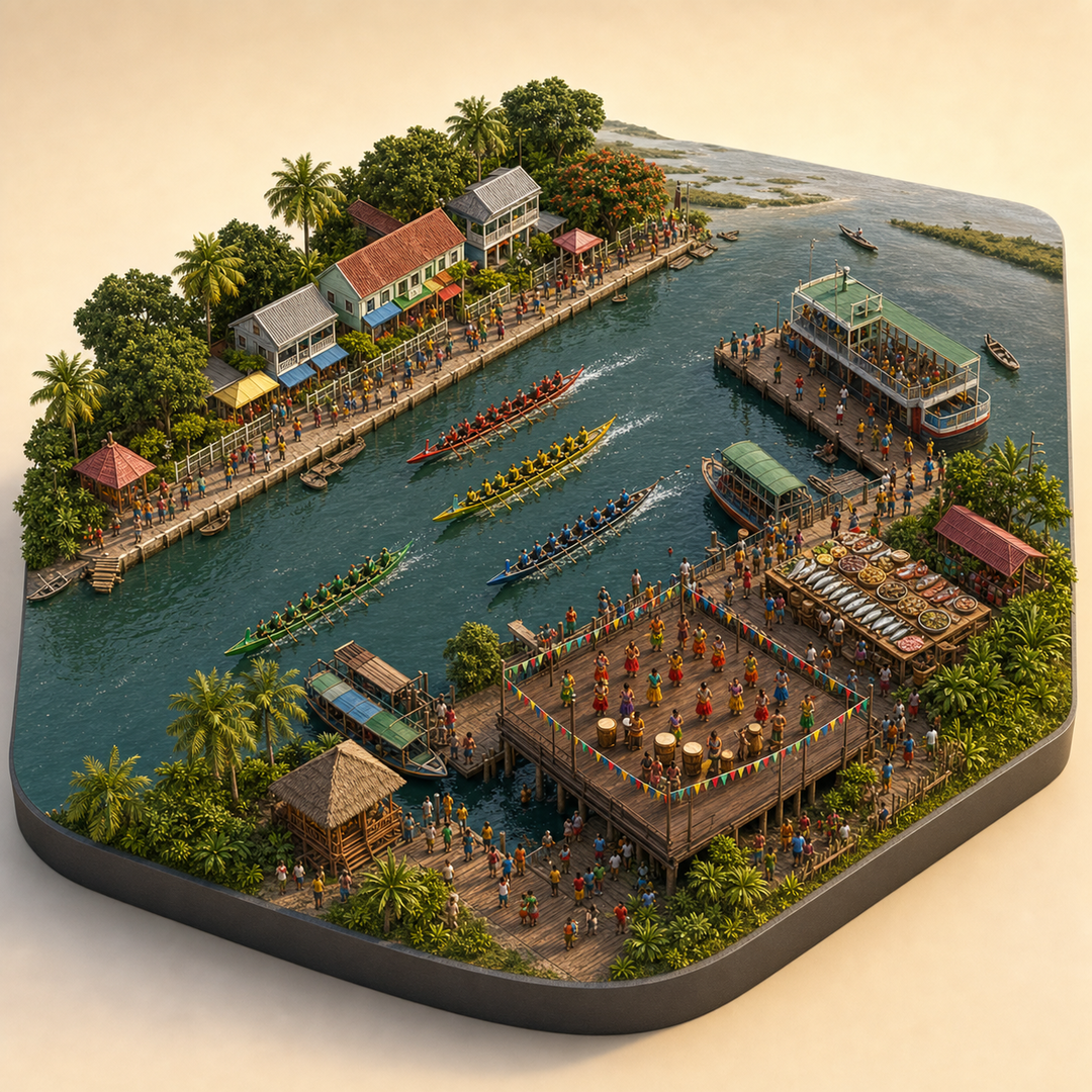 Nickerie River and Regatta Festival immersive miniature model with Regatta course, Waterfront procession, Nickerie ferry quay, River fish table, Dock dance platform