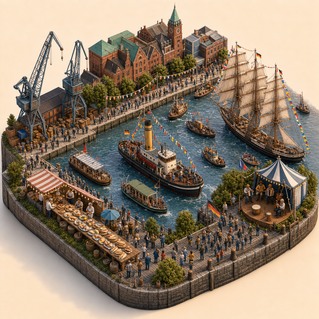 Hamburg Port Anniversary immersive miniature model visual journey with Port quay, Boat display, Harbor parade, Seafood table, Sea shanties corner