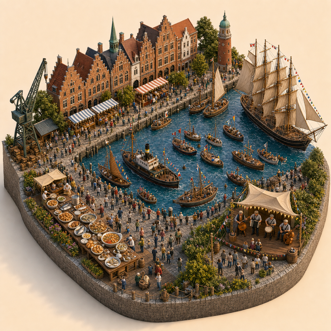 Hanse Sail Rostock immersive miniature model visual journey with Port quay, Boat display, Harbor parade, Seafood table, Sea shanties corner