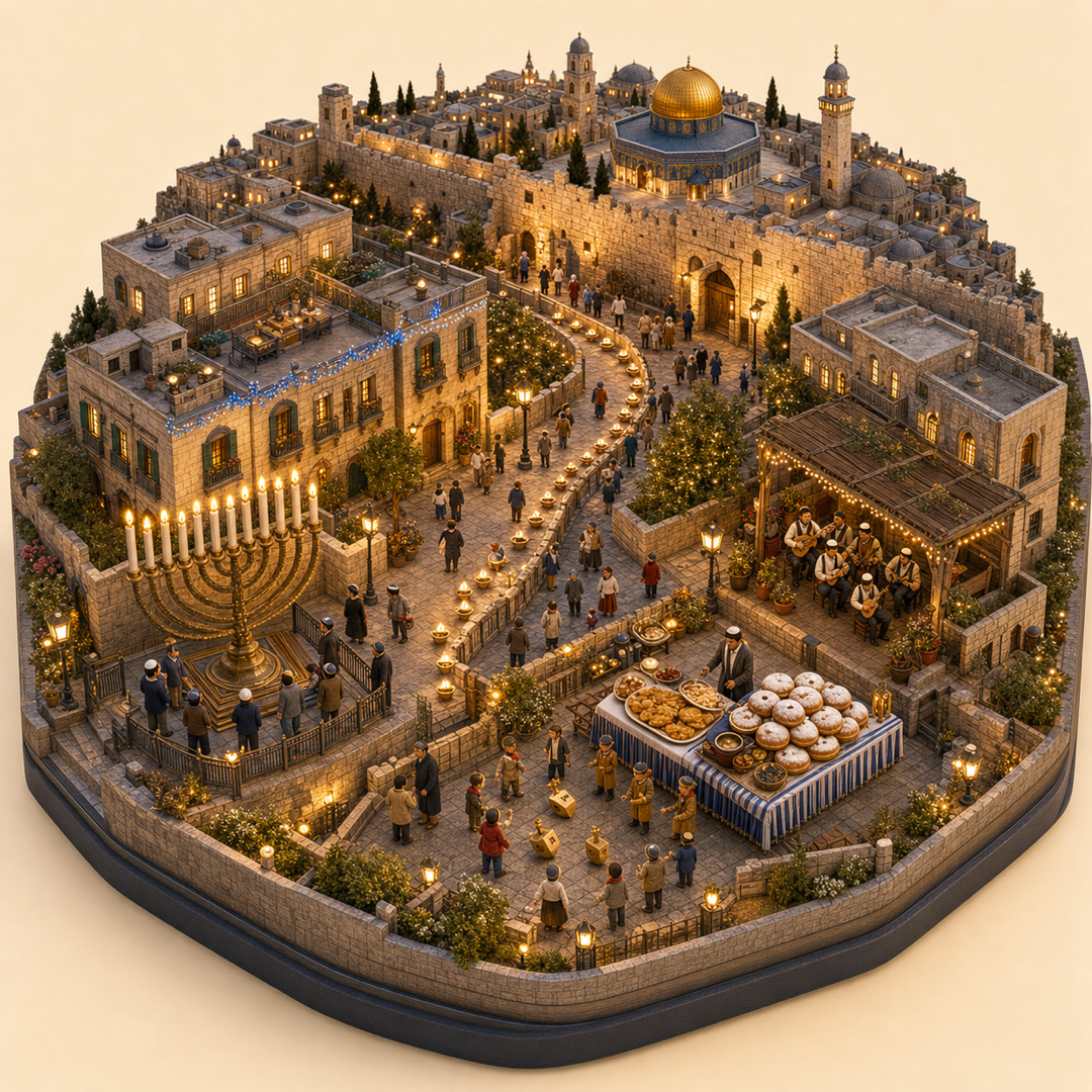 Jerusalem Hanukkah immersive miniature model with hanukkiah candles, eight-night light route, Jerusalem night view, latkes, and festival song corner