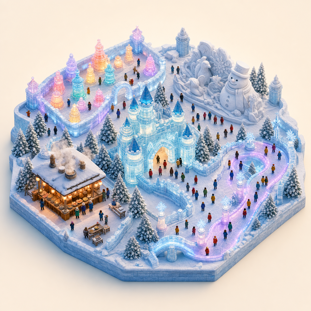 Harbin Ice and Snow Festival miniature festival model with Ice lantern gallery, Snow sculpture court, Ice castle gate, Winter food kiosk, Snow-lit walkway