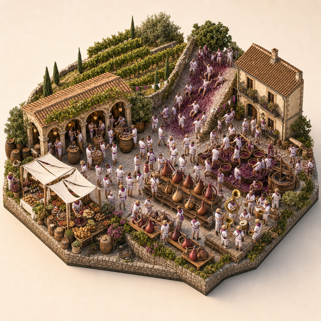 Haro Wine Battle cultural illustration immersive miniature model with Wine tasting court, Regional food market, Wine splash hill, Wine skin table, Brass band corner