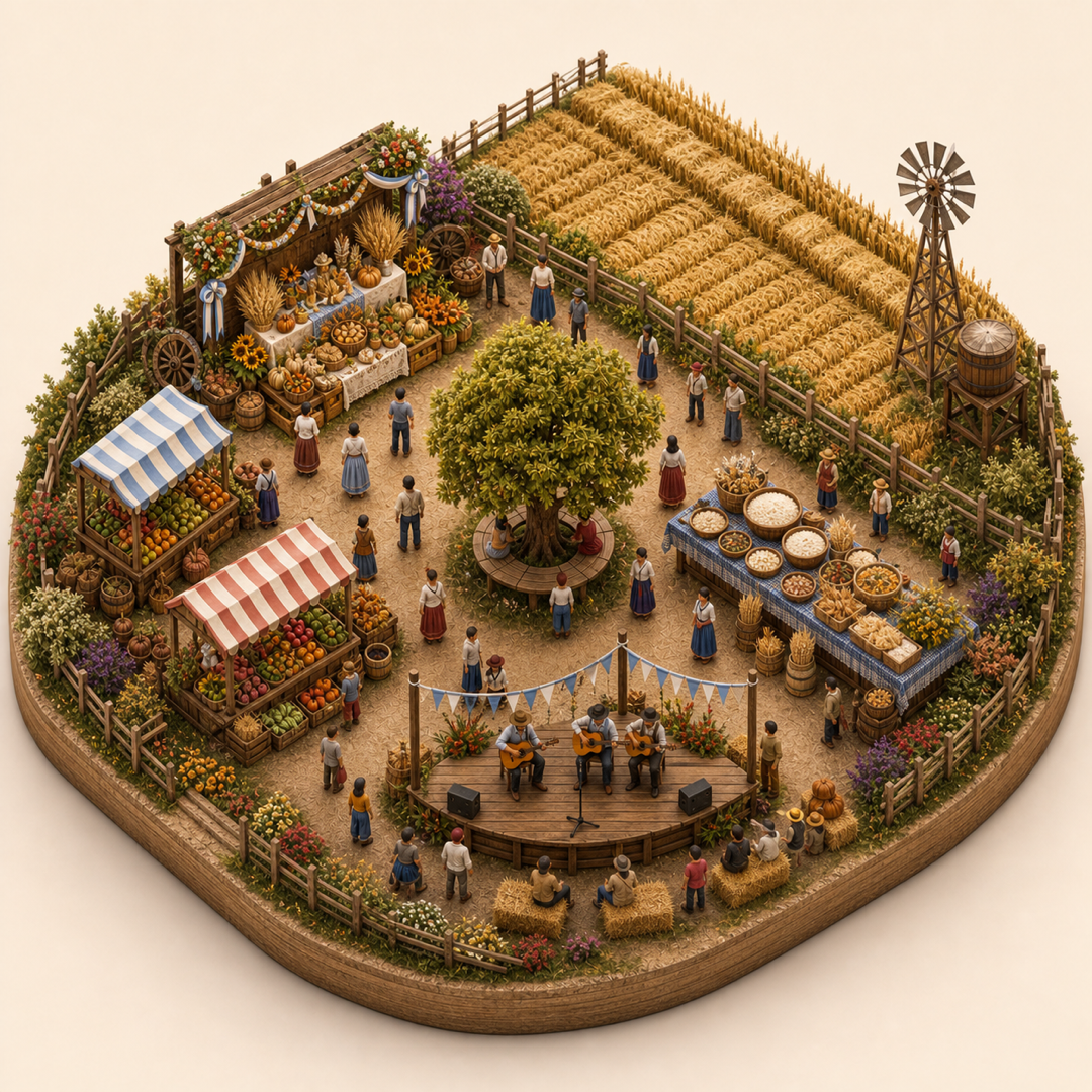 Harvest Festival in Buenos Aires immersive miniature model with First-harvest offering stand, Produce market, Pampas grain edge, New rice table, Guitar song platform