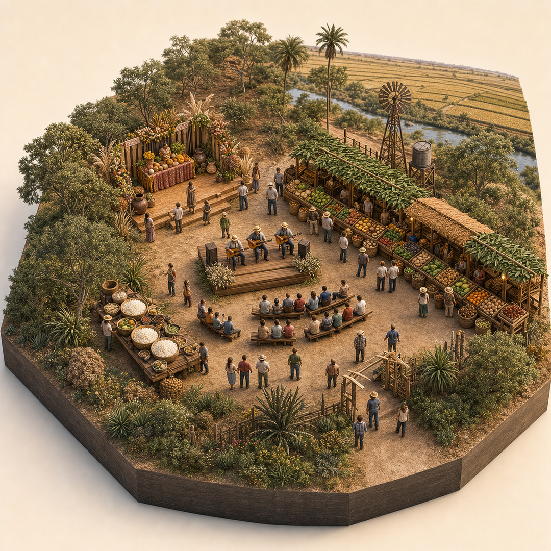 Harvest Festival in Chaco immersive miniature model with First-harvest offering stand, Produce market, Chaco dry-forest edge, New rice table, Folk song platform