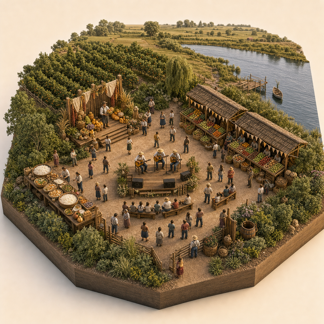 Harvest Festival in Entre Ríos immersive miniature model with First-harvest offering stand, Produce market, Entre Rios river and orchard edge, New rice table, Folk song platform