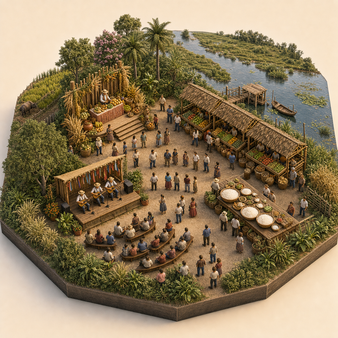 Harvest Festival in Formosa immersive miniature model with First-harvest offering stand, Produce market, Formosa wetland farm edge, New rice table, Folk song platform