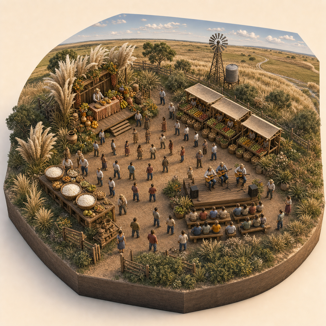 Harvest Festival in La Pampa immersive miniature model with First-harvest offering stand, Produce market, La Pampa grassland edge, New rice table, Folk song platform