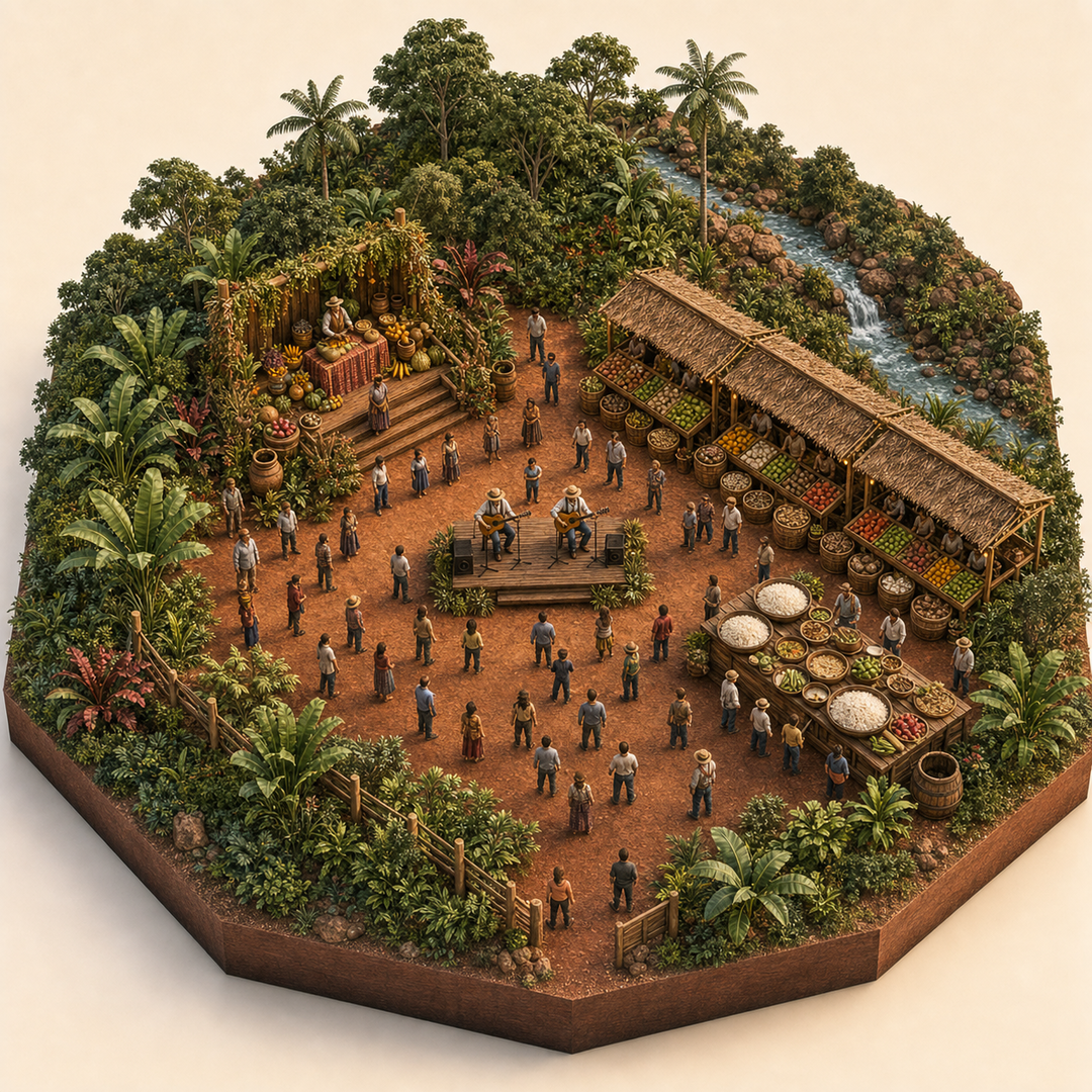 Harvest Festival in Misiones immersive miniature model with First-harvest offering stand, Produce market, Misiones red-earth forest edge, New rice table, Folk song platform