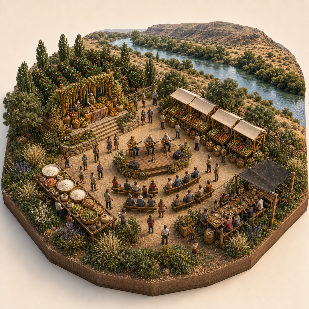 Harvest Festival in Río Negro immersive miniature model with First-harvest offering stand, Produce market, Rio Negro orchard valley edge, New rice table, Folk song platform