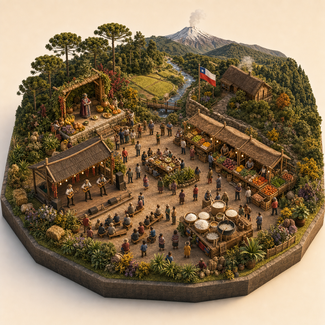 Harvest Festival in La Araucanía immersive miniature model with First-harvest offering stand, Produce market, Araucania volcanic forest edge, New rice table, Folk song platform
