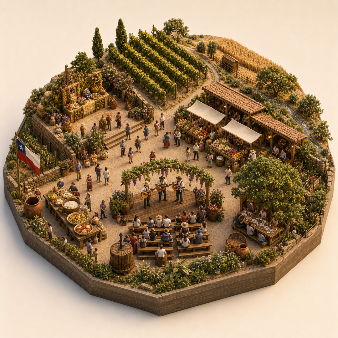 Harvest Festival in Maule immersive miniature model with First-harvest offering stand, Produce market, Maule vineyard and grain edge, New rice table, Folk song platform