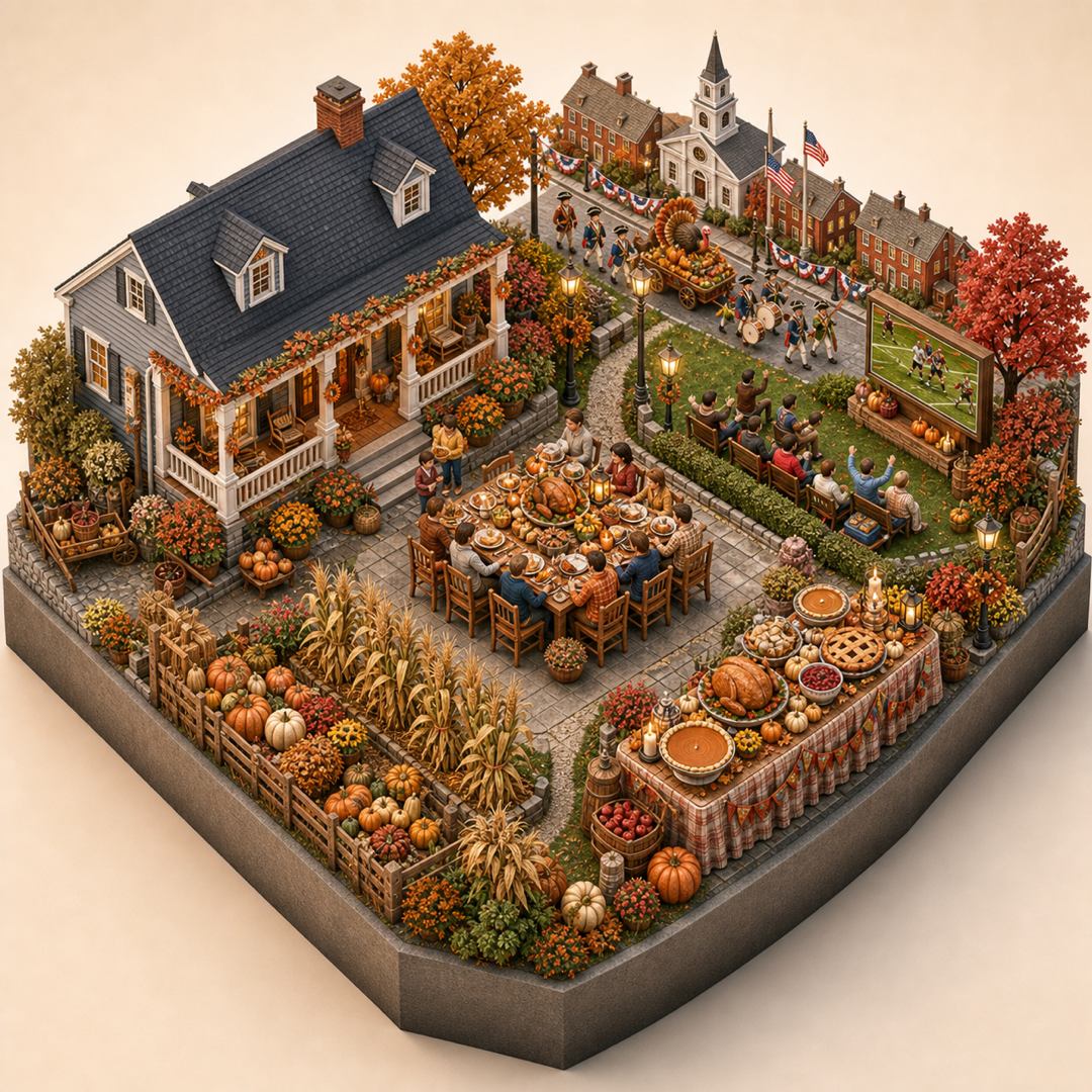 United States Thanksgiving isometric miniature model with harvest family table, autumn food, New England porch, turkey cranberry pie table, and parade or football cue